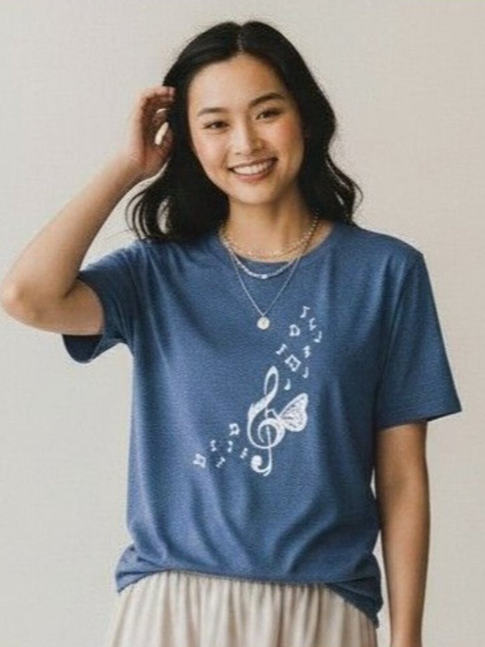 Butterfly Treble Clef Tee Size L Blue Music Graphic Shirt Soft Stretch Top - Picture 3 of 12